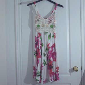 COPY - Tropical Hawaiian floral Sleeveless Dress Crochet Bodice free size Vinta…